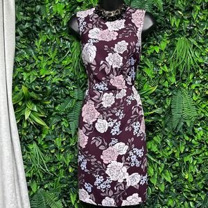 Ann Taylor Dress Size 2 Burgundy Floral Print Sleeveless Pleated Sheath 3352
